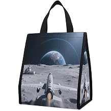 Aircraft on The Lunar Surface Reusable Insulated Lunch Bag 9L Foldable Cooler Bag for Women Men Leakproof Lunch Tote with Aluminum Foil Liner Portable Lunchbox Container for Work, Picnic, Beach