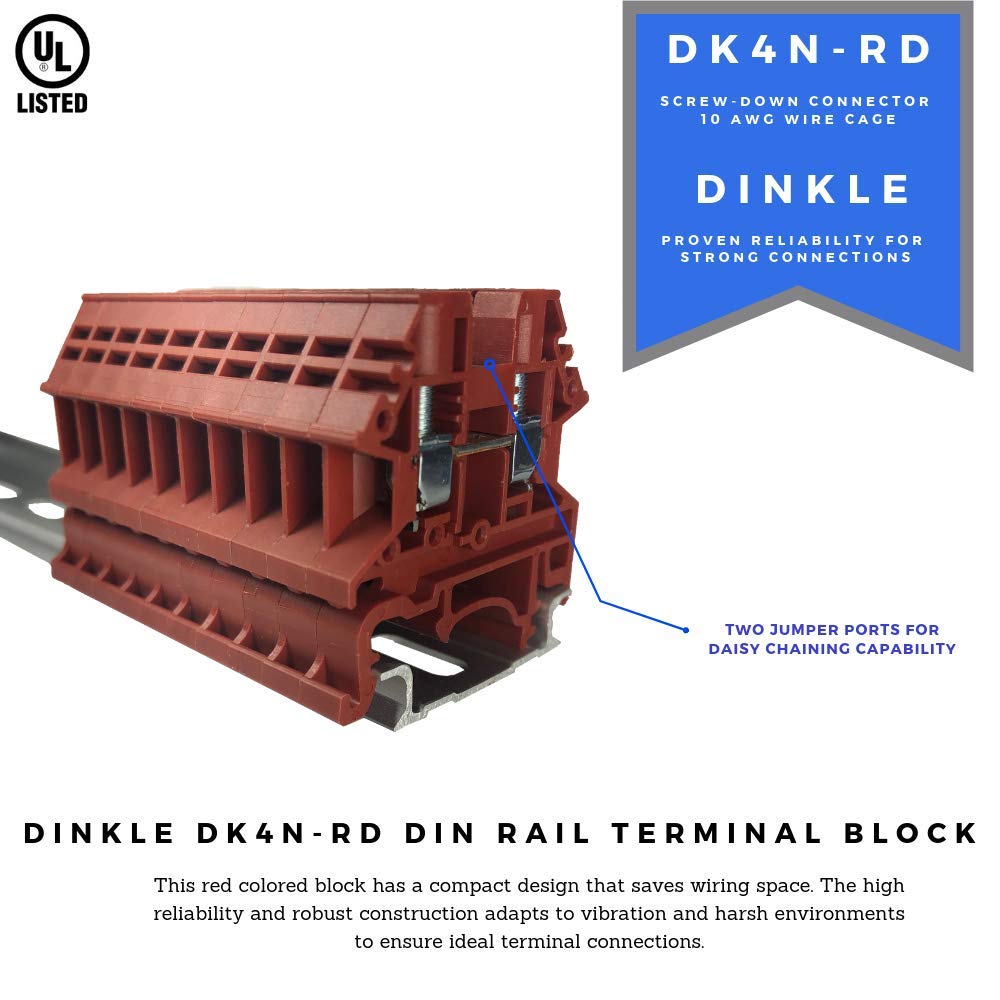Dinkle DK4N-RD DIN Rail Terminal Block, Screw Type UL 600V 30A 10-22AWG, Red (Pack of 100) - Image 2