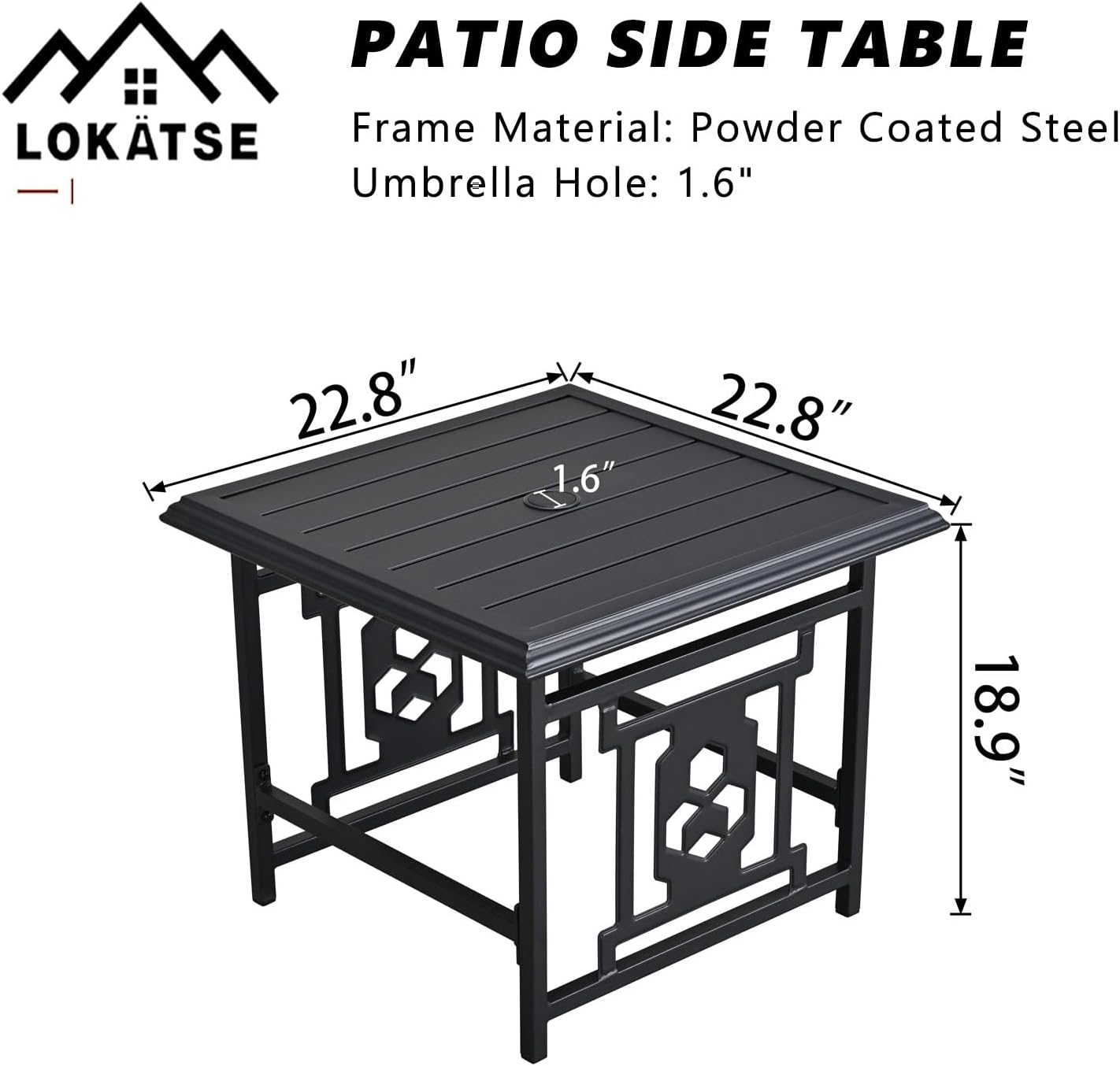 Patio Side Bistro Table Stand with Umbrella Hole Base Outdoor Garden Pool, 21.8(L) x 21.8(W) x 18.5(H) inch, Black