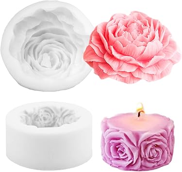 2-Pack Flower Shape Silicone Candle Molds, DIY 3D Rose Flower Column Candle Molds for Candle Cylinder Making Resin Soap Casting, Peony Molds for Valentines Day Gifts, 3.6"+2.75"