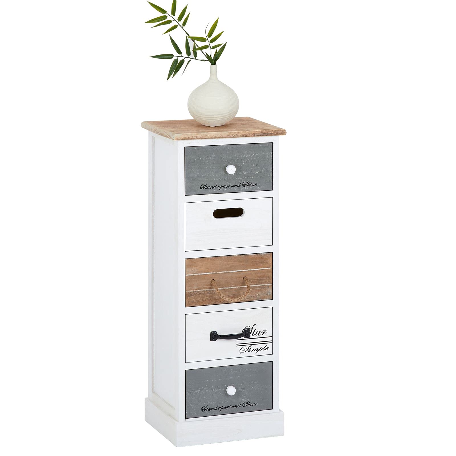 IDIMEX Chiffonnier Salva H 77 cm en Bois Massif Blanc, Gris et Brun 5 tiroirs Commode Petit Meuble de Rangement Haut pour Chambre ou Salle de Bain