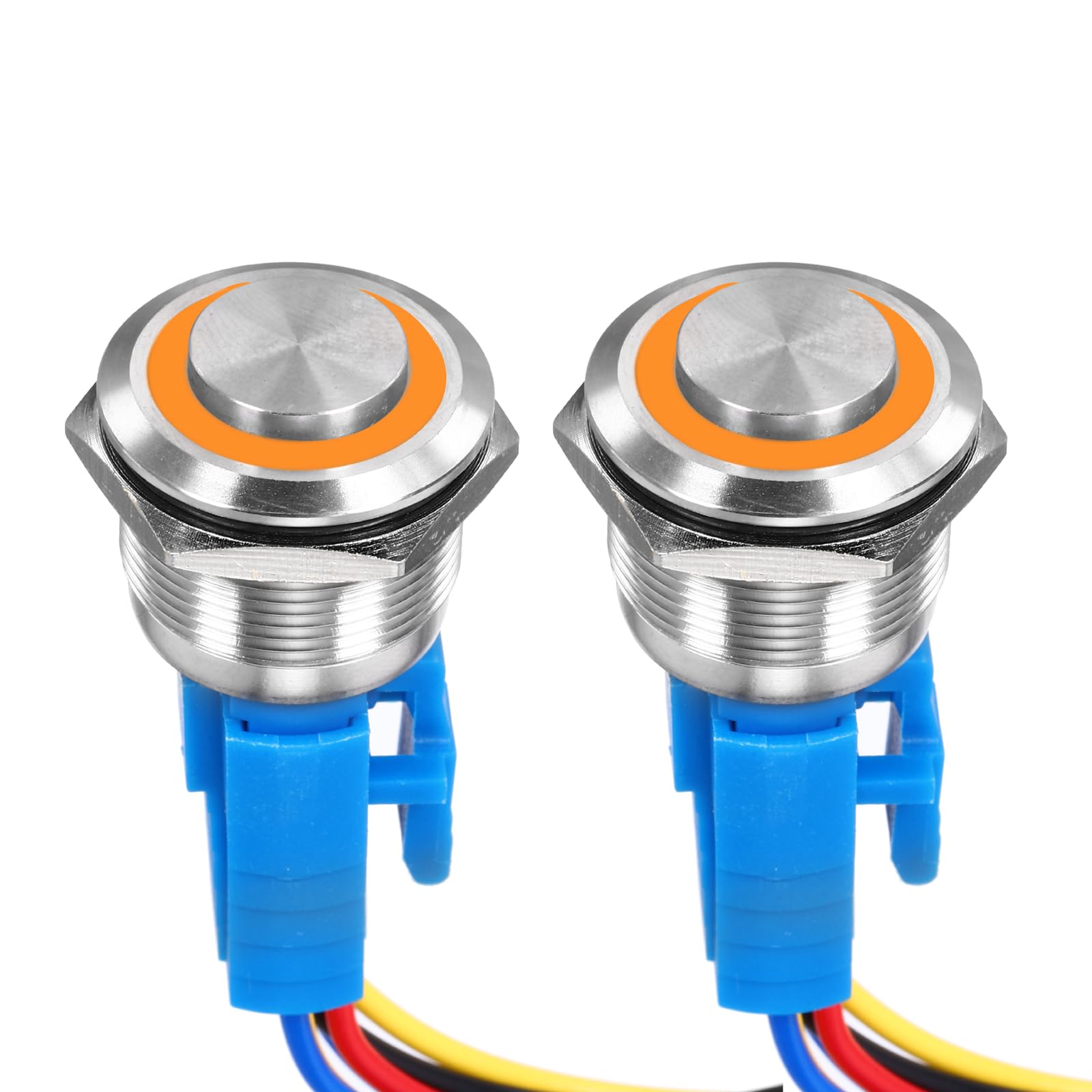 DMiotech 2 Pack 7/8 Inch Stainless Steel Momentary Push Button Switch Domed Head 5A 110-220V Silver Shell with Cable Socket Yellow LED 1NO1NC for Car Boat Systems Custom Setups