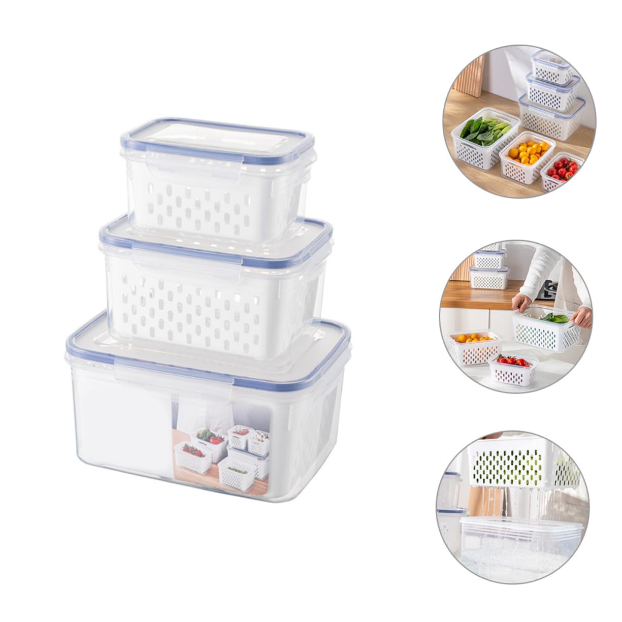 Alipis 3 Stück Kühlschrankbox aus Pp mit Deckel und Abtropfkorb | 850 Ml, 1750ml und 3300ml, Weißes, Herausnehmbarer Einsatz für Obst und Gemüse