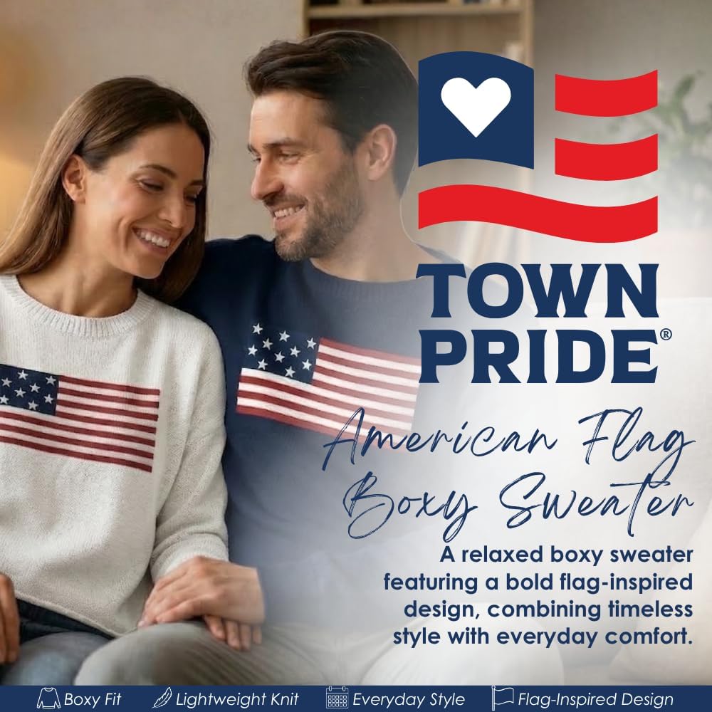 Women’s American Flag Boxy Sweater, Patriotic Knit Top, Soft Lightweight & Relaxed Fit Pullover, Crafted in USA