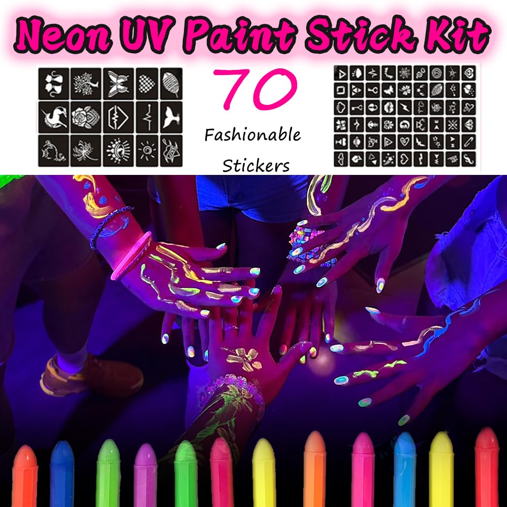 Farba fluorescencyjna UV, HISUNBEN 12 neonowych ołówków do twarzy i ciała, zmywalna, nietoksyczna farba neonowa UV, na festiwal, Mardi Gras, Halloween, do makijażu