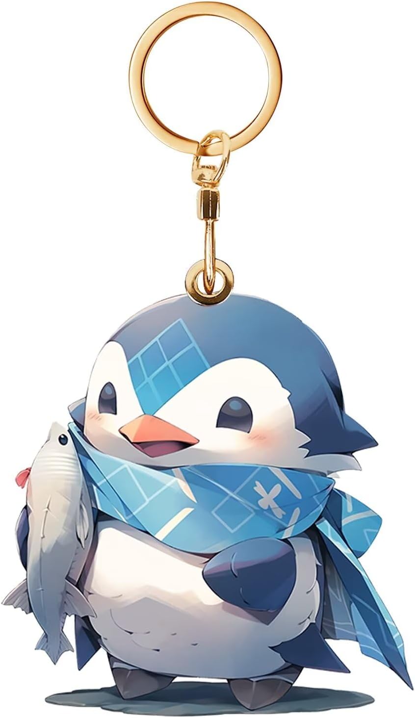 Leather Keychain Tracker Case Cover, Access Cards Cases with Air Tag, Anti-Lost Device Protective Holder (Cute Penguin 01)