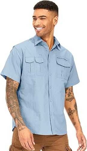 Anteef Camisas de manga corta para hombre, para pesca, senderismo, UPF 50+, safari, secado rápido, protección solar, protección solar UV, Azul