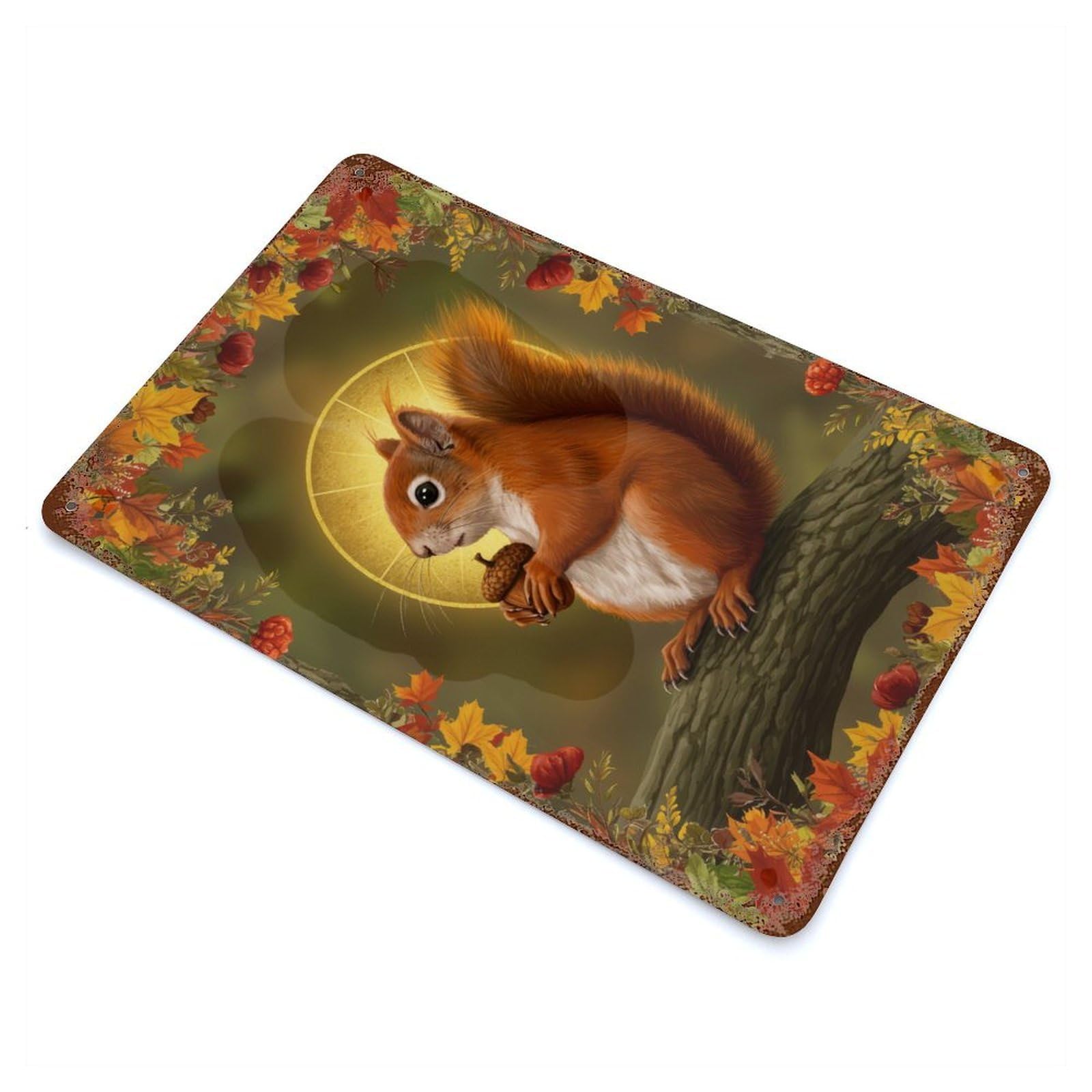 Distressed Metal Wall Sign Squirrel with Acorn in Autumn Frame 11.8"x7.9", Vintage Wall Decor for Cafe, Home Bar And Lounge Decor