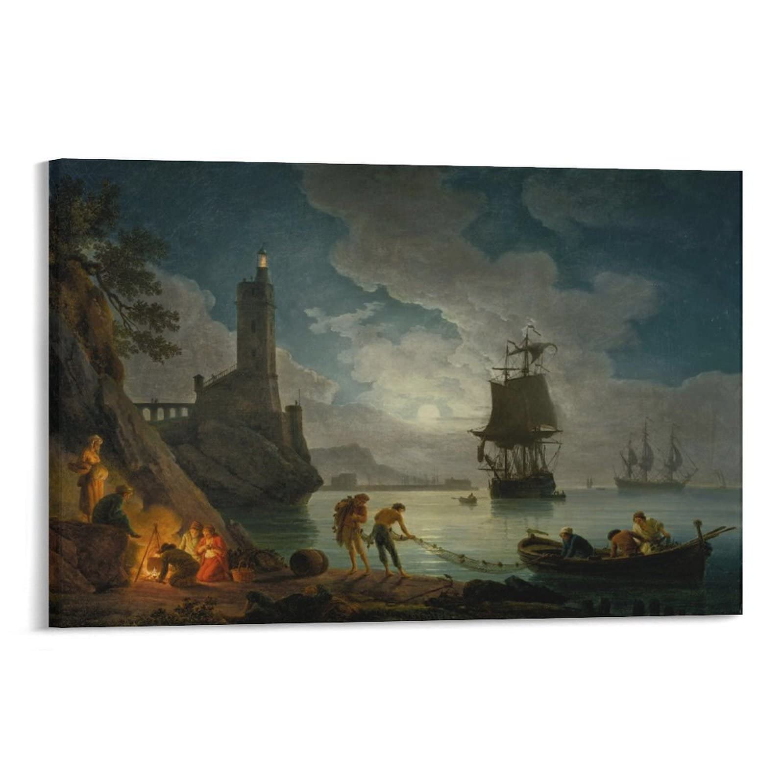 Toile Décorative Claude Joseph Vernet - Port De Mer Au Clair De Lune - 50 X 75 Cm Sans Cadre - Impression Haute Qualité - Décoration Murale Cadeau
