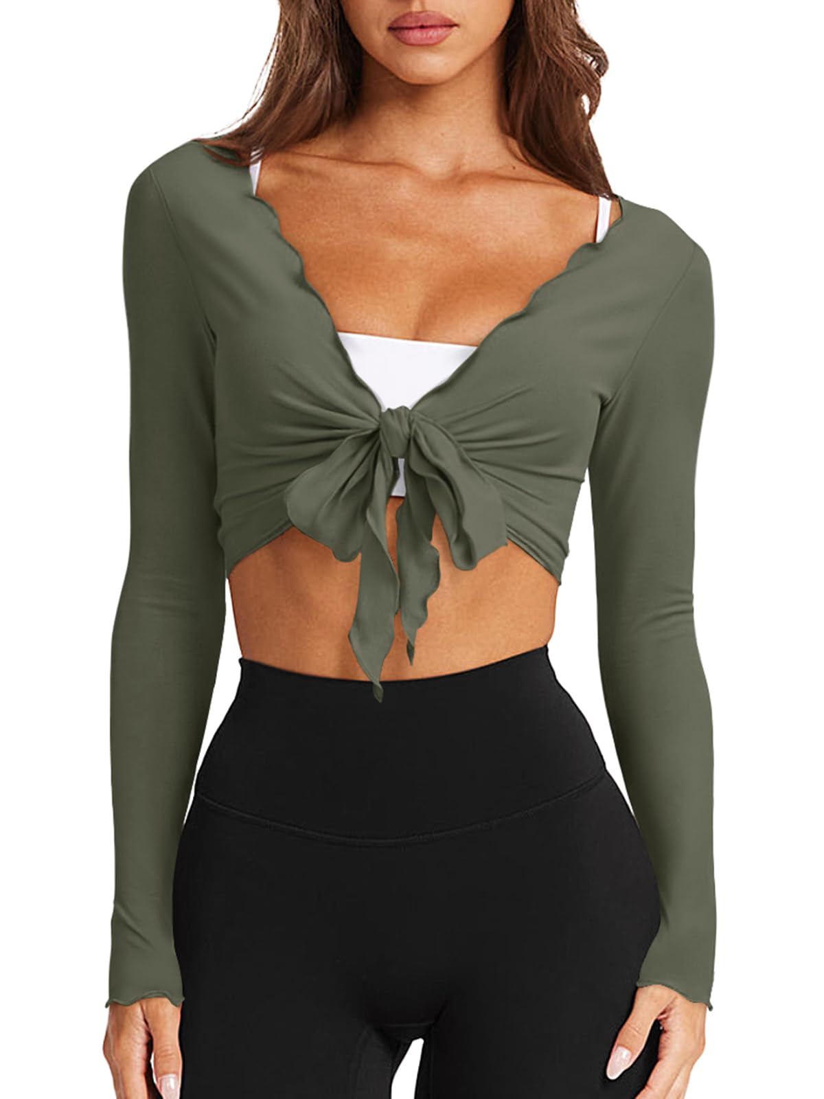 LASLULU Womens Tie Front Wrap Tops Long Sleeve Bolero Shrugs Crop Cardigan Yoga Ballet Cover up Tops Pilates