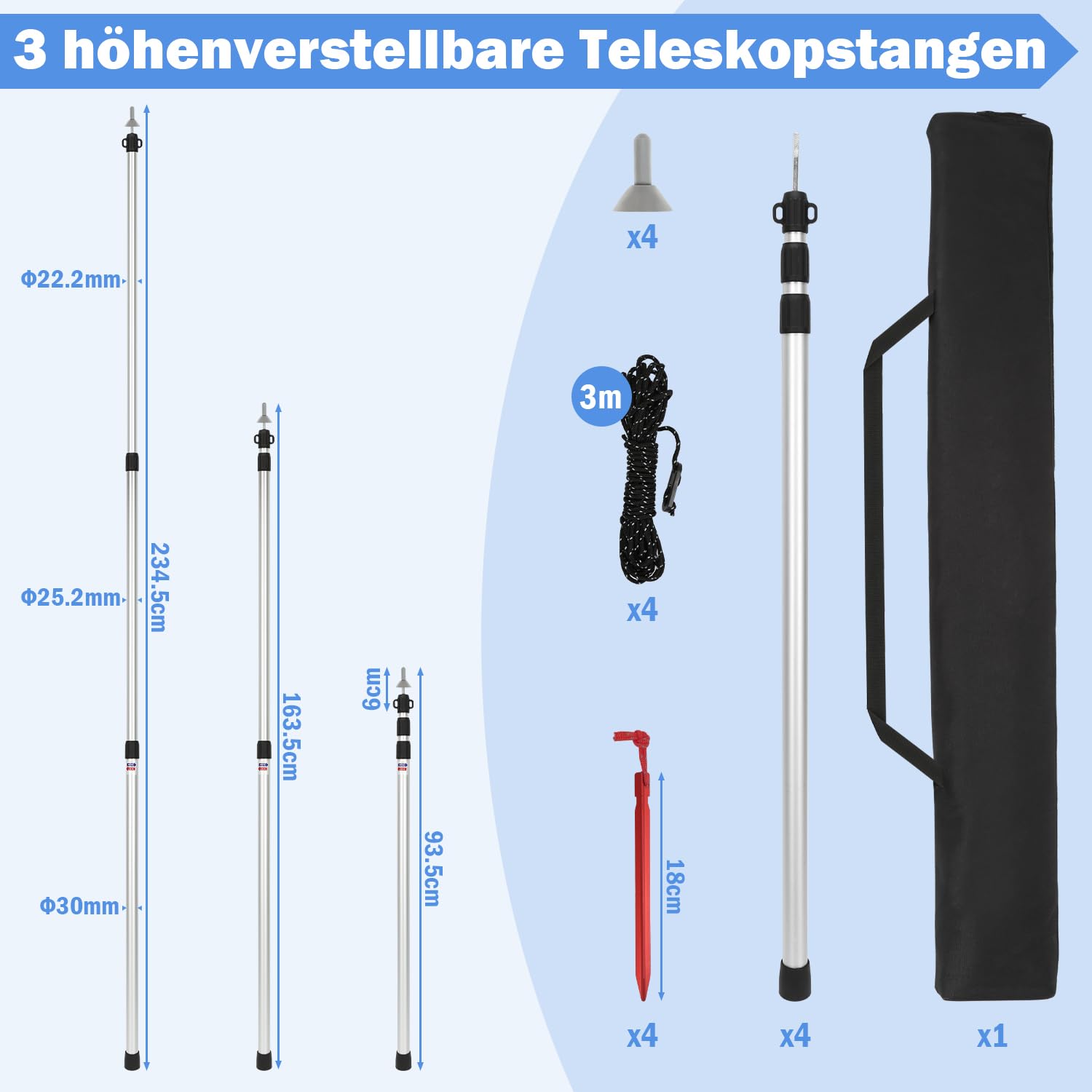 Fiqops Barres de tente télescopiques pour camping, barres de tente en aluminium, réglables de 87,5 cm à 234,5 cm, avec 3 segments
