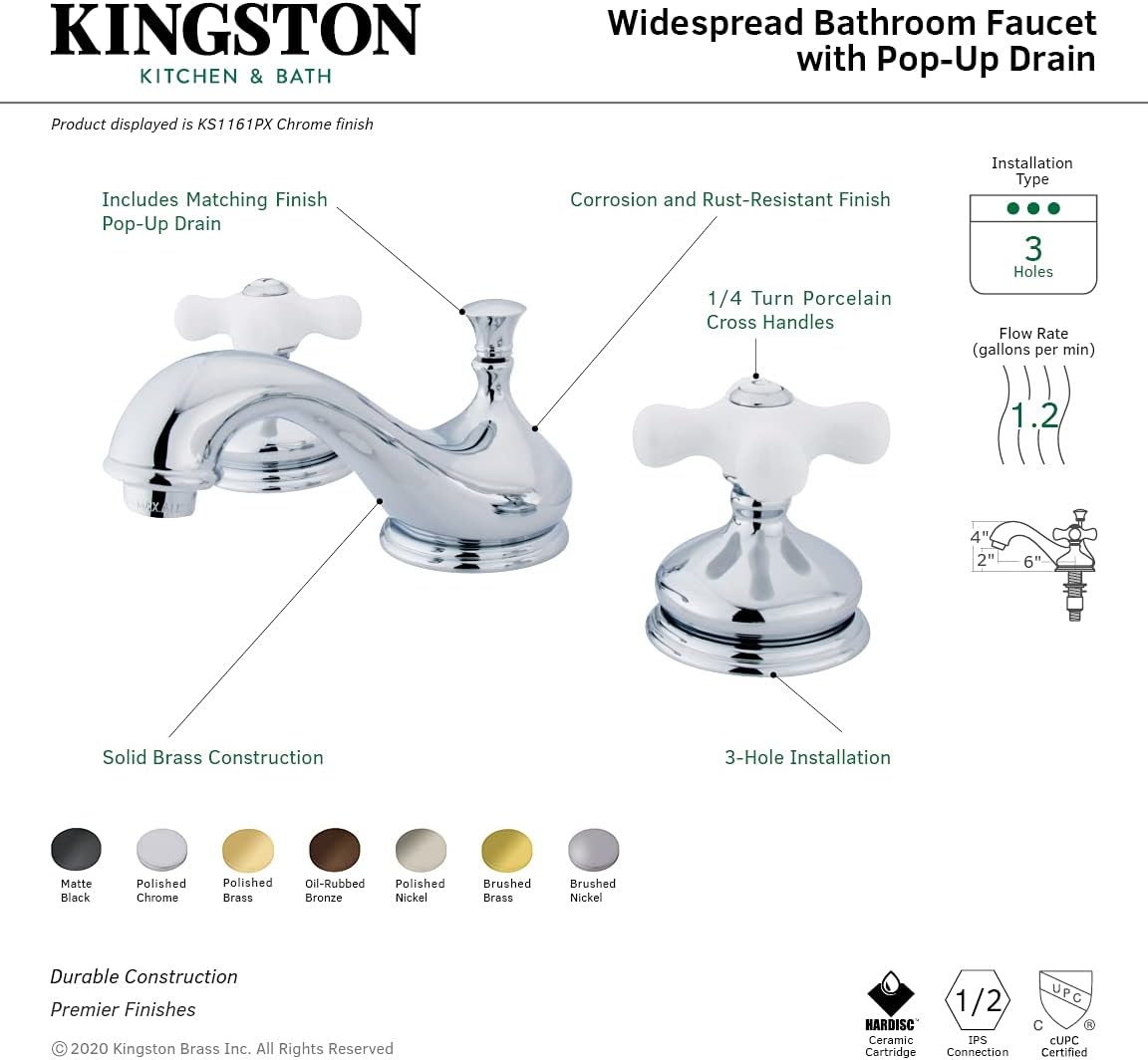 Kingston Brass KS1162PX Heritage Widespread Lavatory Faucet with Porcelain Cross Handle, Polished Brass,8-Inch Adjustable Center