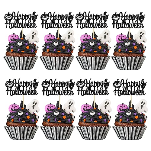 Gyufise 24pcs Happy Halloween Cupcake Toppers with Pumpkin Ghost Black Glitter Cupcake Picks for Kids' Themed Birthday Parties