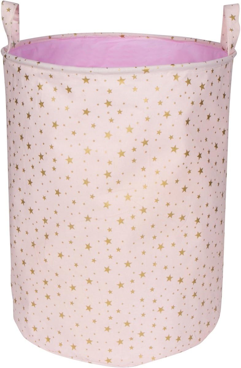 LuxCoco Blush Pink Storage Basket/Laundry Hamper with Shimmery Gold Star Pattern | 19.6" Large Waterproof Collapsible Cotton Canvas Bin with Handles | Baby Kids Nursery Toy Clothes Book Organizer