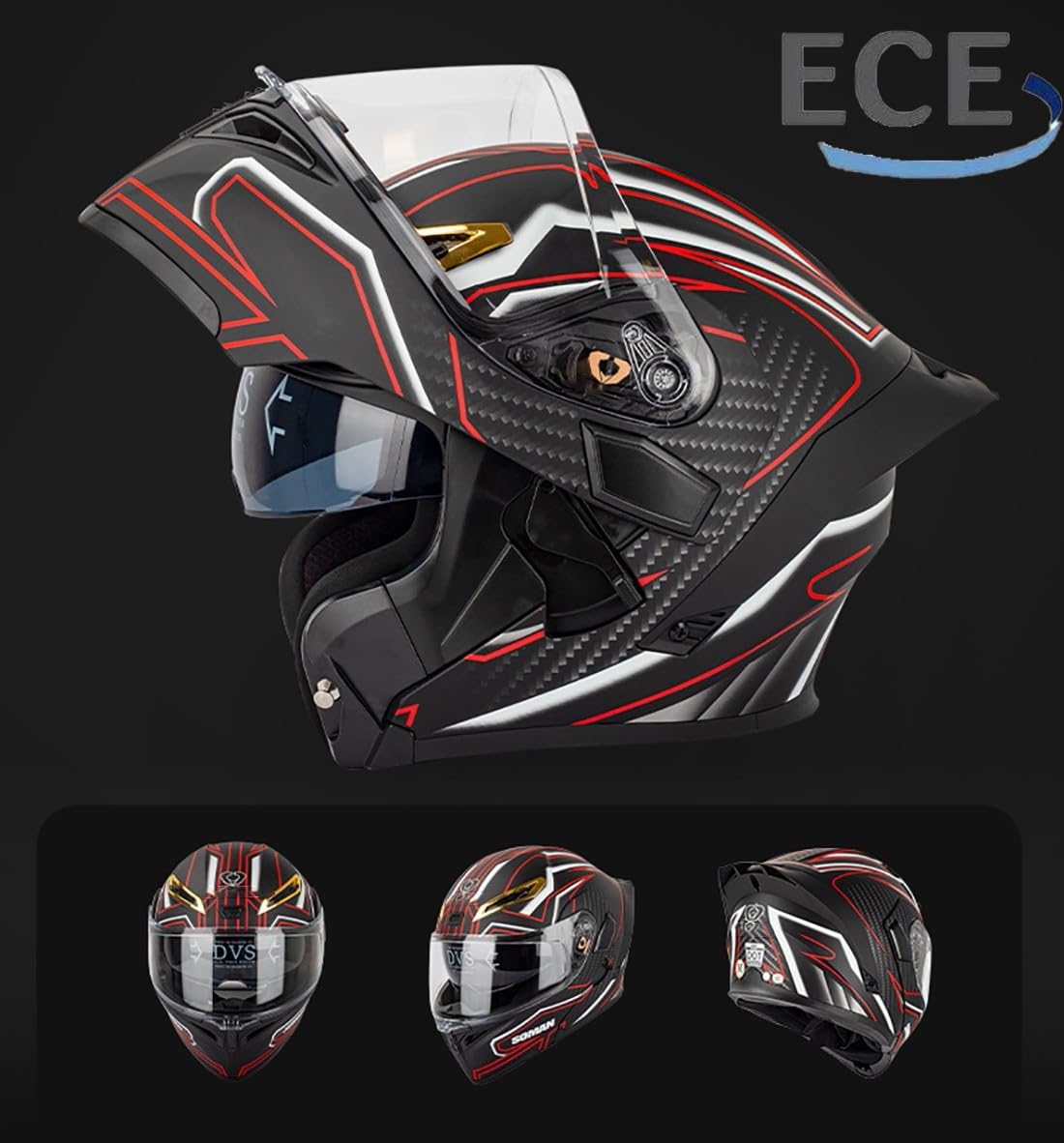 Moto Flip Up Casco Modulare, Casco Full Face Casco Modulare ECE Approvato Pieghevole Modulare Integrale Caschi Moto Con Doppia Lente, S ~ XL