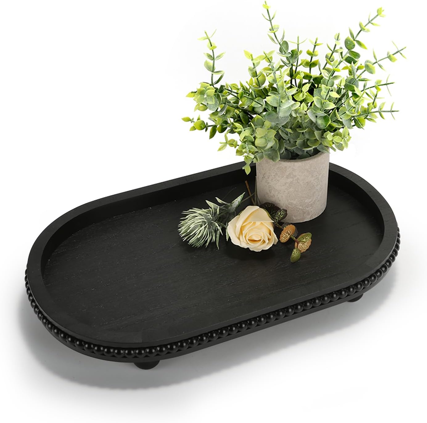 SYNCVIBE Wooden Decorative Tray for Home Decor, Beaded Black Oval Tray Decor for Coffee Table, Rustic Wood Serving Trays Farmhouse Centerpieces for Living Room Kitchen Counter (Black Oval)