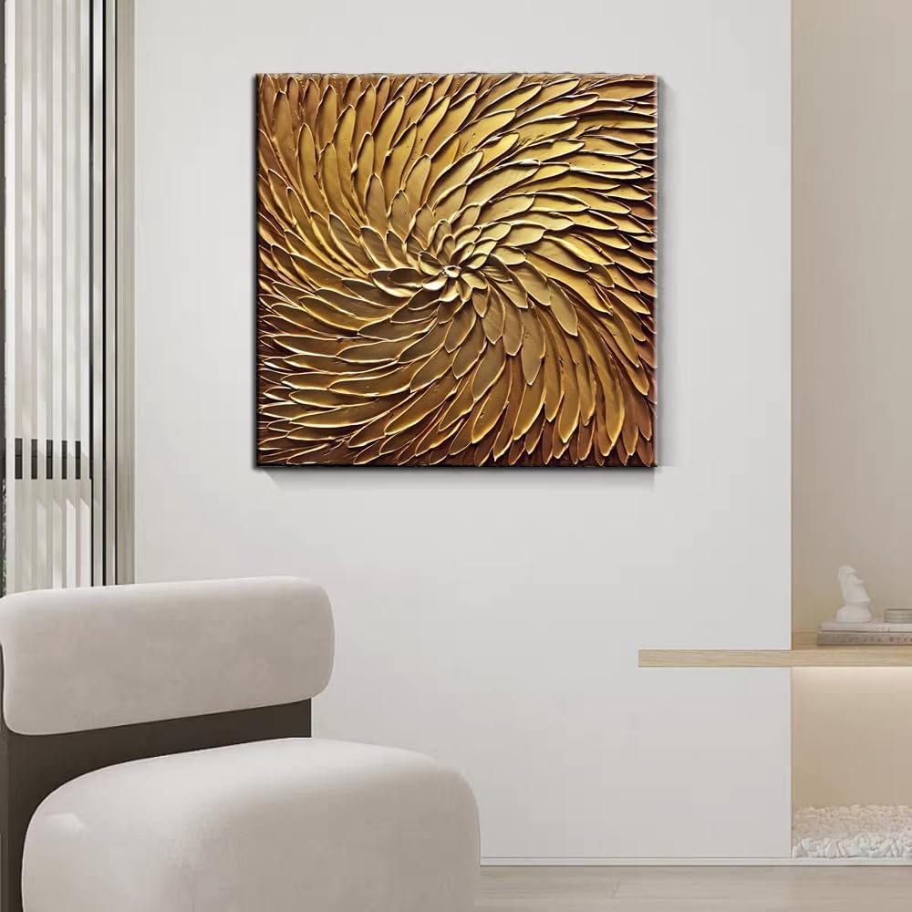 Abstract Art Oil Paintings on Canvas metal golden Gradient color Abstract Artwork Modern Home Decor Canvas Wall Art Ready to Hang for Living Room Bedroom 24x24inch