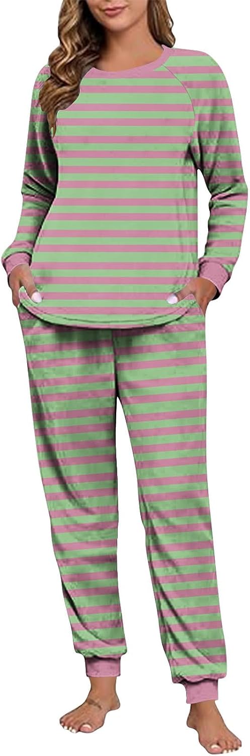 Women Pajama Sets Striped Color Block Casual 2Pc Sleepwear Long Sleeve Pullover Top Jogger Pants Pjs Bottom with Pockets