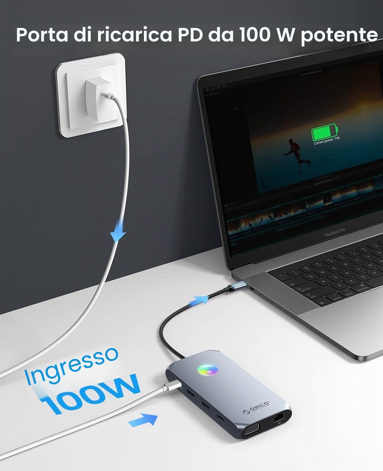Docking station USB HUB, ORICO 12 in 1 RGB USB C, adattatore 4K HDMI, 100W Power Delivery, 1 Gbps Ethernet, 4 porte dati USB 3.0, SD e TF 3.0, 1080P VGA, audio 3.5 mm, 14 tipi di illuminazione RGB