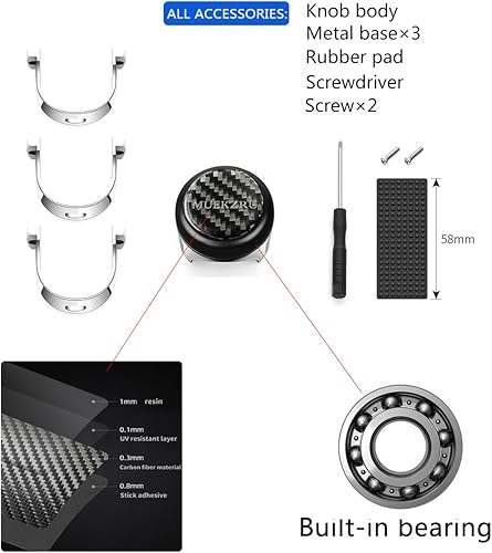 Miniatura 5 de Pomo giratorio para volante compatible con cualquier volante, fibra de carbono y pomo de rodamiento de bolas de metal para automóvil, camiones,