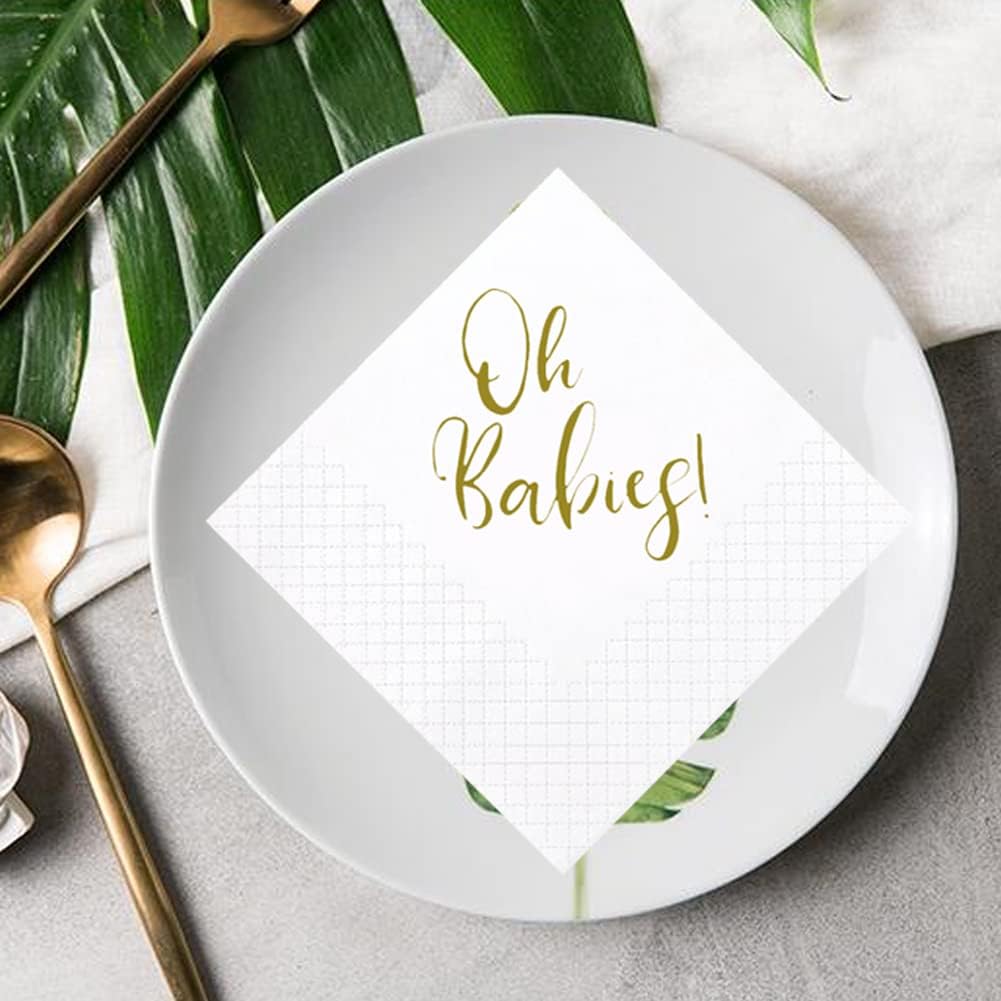 Oh Babies Cocktail Napkins for Baby Shower, 100 Pack Gold Oh Babies Twins Paper Cocktail Beverage Napkins in Bulk for Baby Shower Baby Welcome Party Decorations | 2-Ply, 5x5 Inches (Oh Babies)
