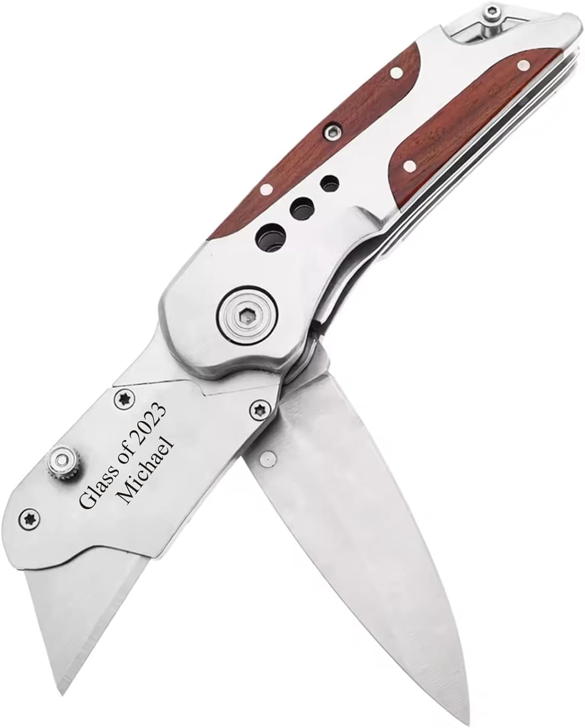 Personalized Utility Box Knife with Clip, Custom Engraved Multi Blade Knife Box Knives Wood Handle- Engraved from USA.