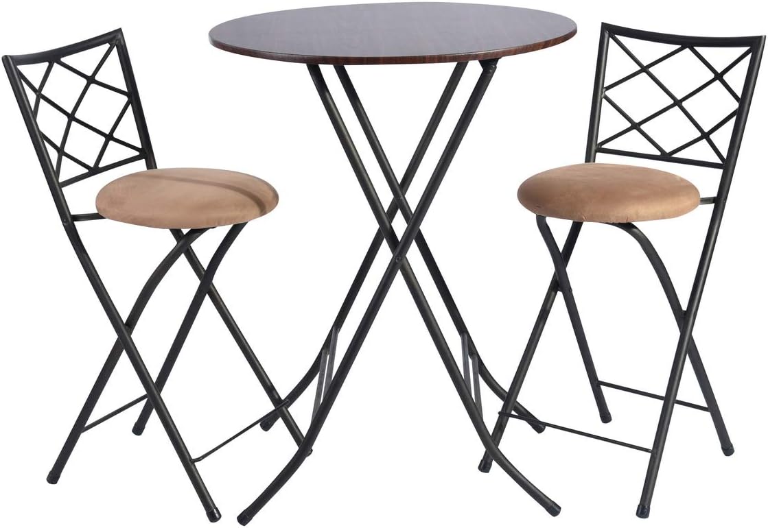 3 Piece Folding Counter Height Pub Dining Table Set, No-Assembly Round High Breakfast Table with 2 Cushioned Folding Bar Stool Chairs