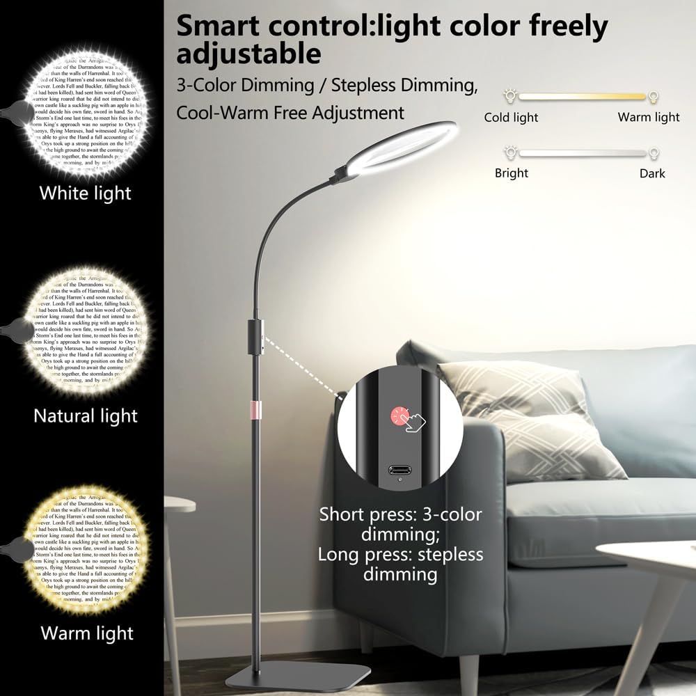 7.1 Inch Extra Large Magnifying Glass with Light and Stand,10X 3-in-1 Floor & Desk & Clamp Magnifying Lamp and Magnifier with 64 LED Lights, USB Rechargeable for Reading, Close Work, Sewing, Crafts