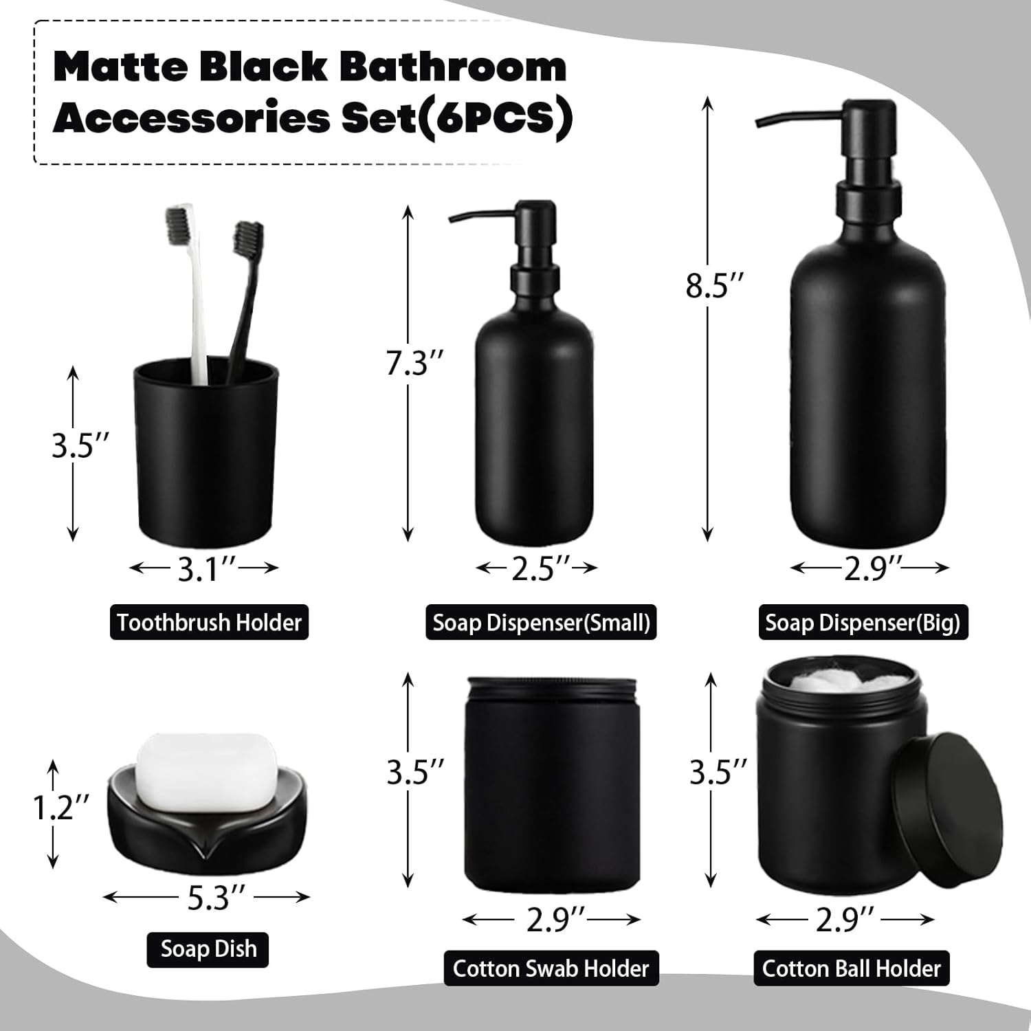 6 Pcs Matte Black Bathroom Accessories Set, Modern Luxury Liquid Soap Dispenser & Toothbrush Holder, Farmhouse Vanity Organizer with Cotton Swab Dispenser, Soap Dish, Tumbler for Bathroom Decor