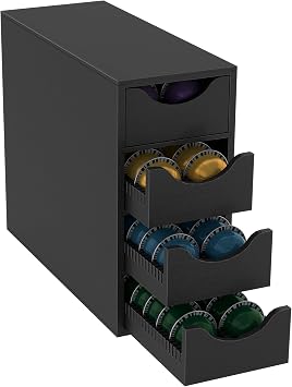 Suli Coffee Pod Drawer Holder,Capsule Storage Organizer,4-Tier,8-Slot,Black | Large Capacity,Compatible with Nespresso Vertuo Capsule,Space-saving Vertical Design,Wood Coffee Bar Organizer Countertop