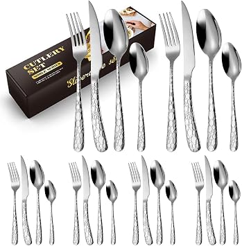 Silver Cutlery Set - Flatware Set 24 Pieces - Stainless Steel Knife Fork Spoon Set Dishwasher Safe & Rustproof - Highly Polished Cutlery for 6 People