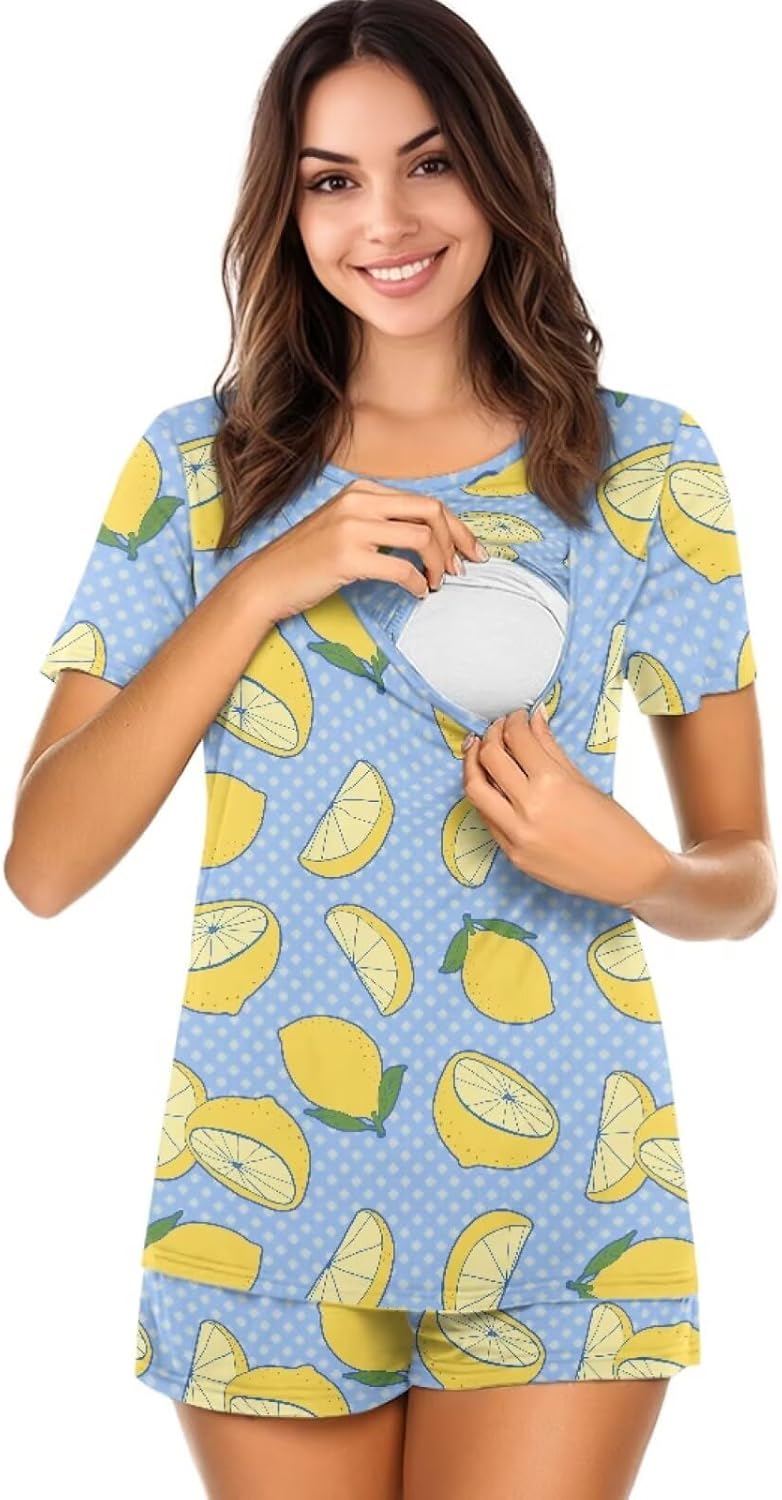 Xoenoiee 2 Pack Women's Nursing Pajamas Set Double Layer Maternity Pjs Postpartum Loungewear Breastfeeding Tops & Shorts