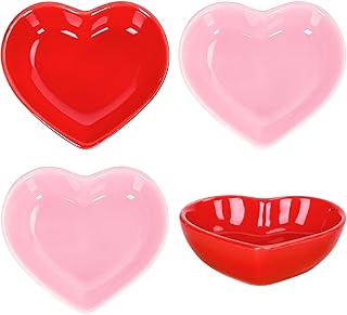 Whaline 4Pcs Heart Shape Sauce Dish Ceramic Side Dish Bowl Red Pink Jewelry Ring Dish Tray for Home Kitchen Xmas Wedding V...