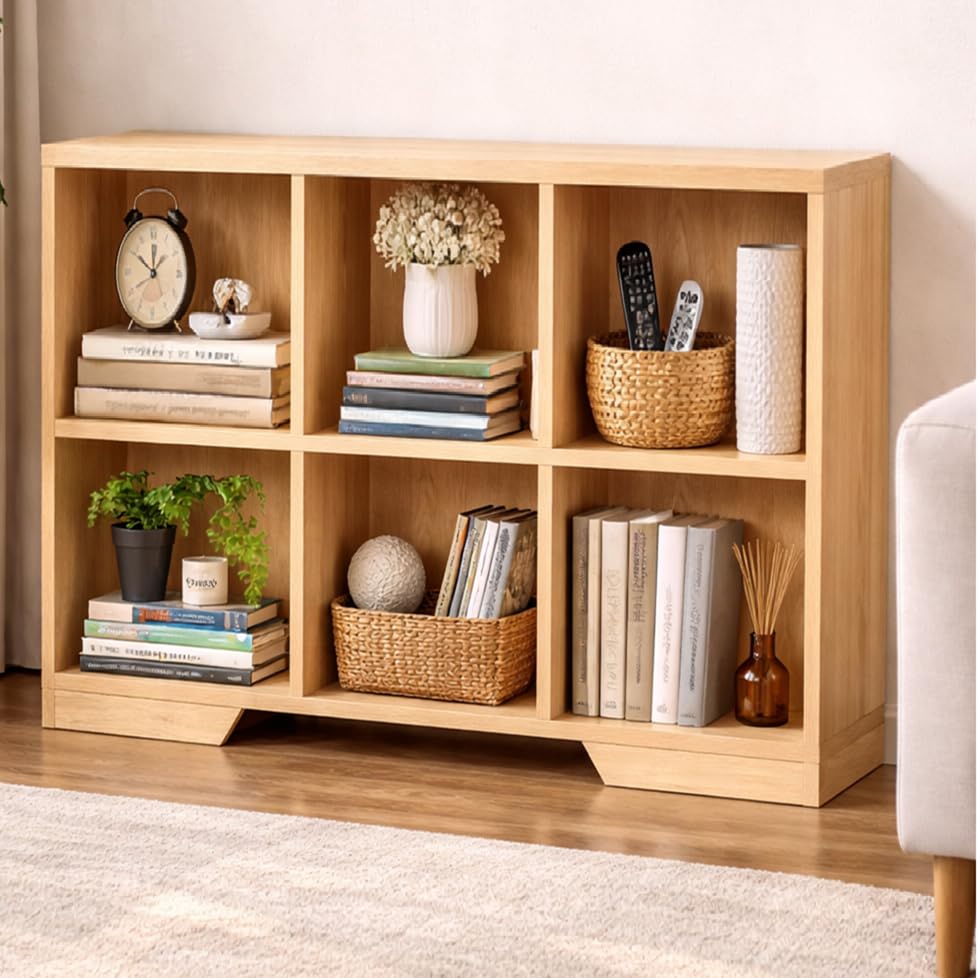 Image of 6 Cube Storage Organizer Wooden Bookshelf, Cube Shelf Bookcase, Small Bookshelf Storage Organizer, Narrow Cube Storage Shelf for Bedroom, Small Bookshelf for Living Room and Office (Natural, 6 Cube)