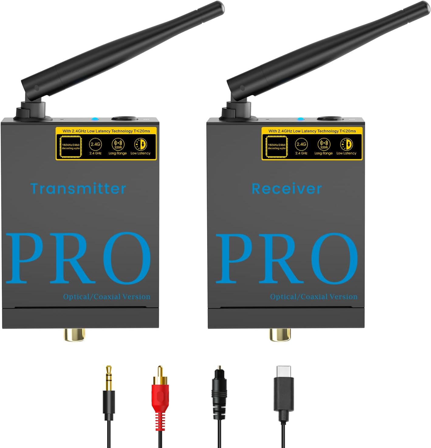 1Mii Wireless audio Transmitter and Receiver, Optical Coaxial data Connections 2.4Ghz Long distance transmission Low Latency Wireless Adapter for Active Speaker to TV/PC/CD Player/Home Sound System