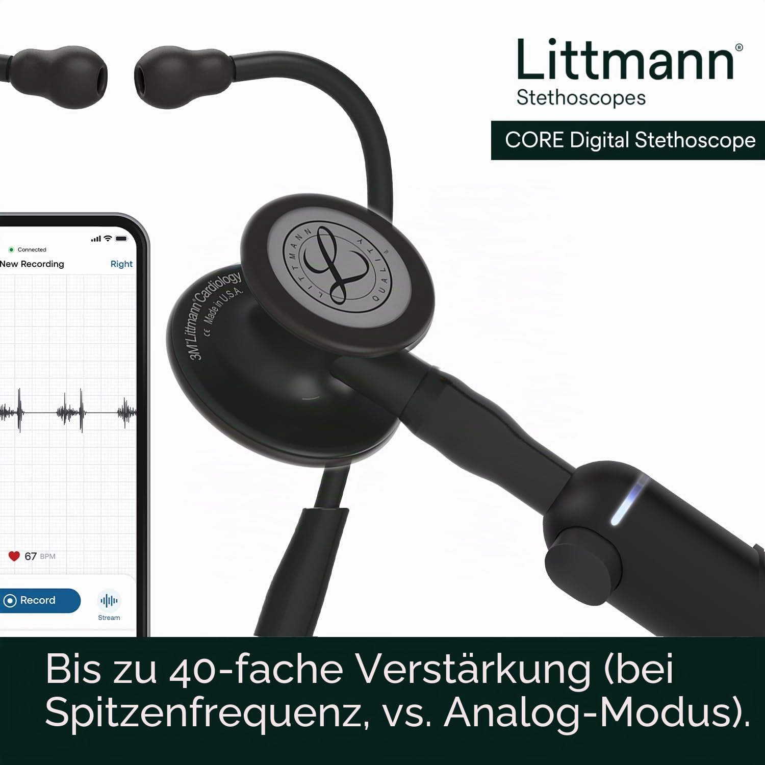 Littmann CORE Digital Stethoskop, 8490, Schlauch Schwarz | Schwarzes Bruststück. Bis zu 40-fache Verstärkung und aktive Geräuschunterdrückung. Für Ärzte und Medizinstudenten