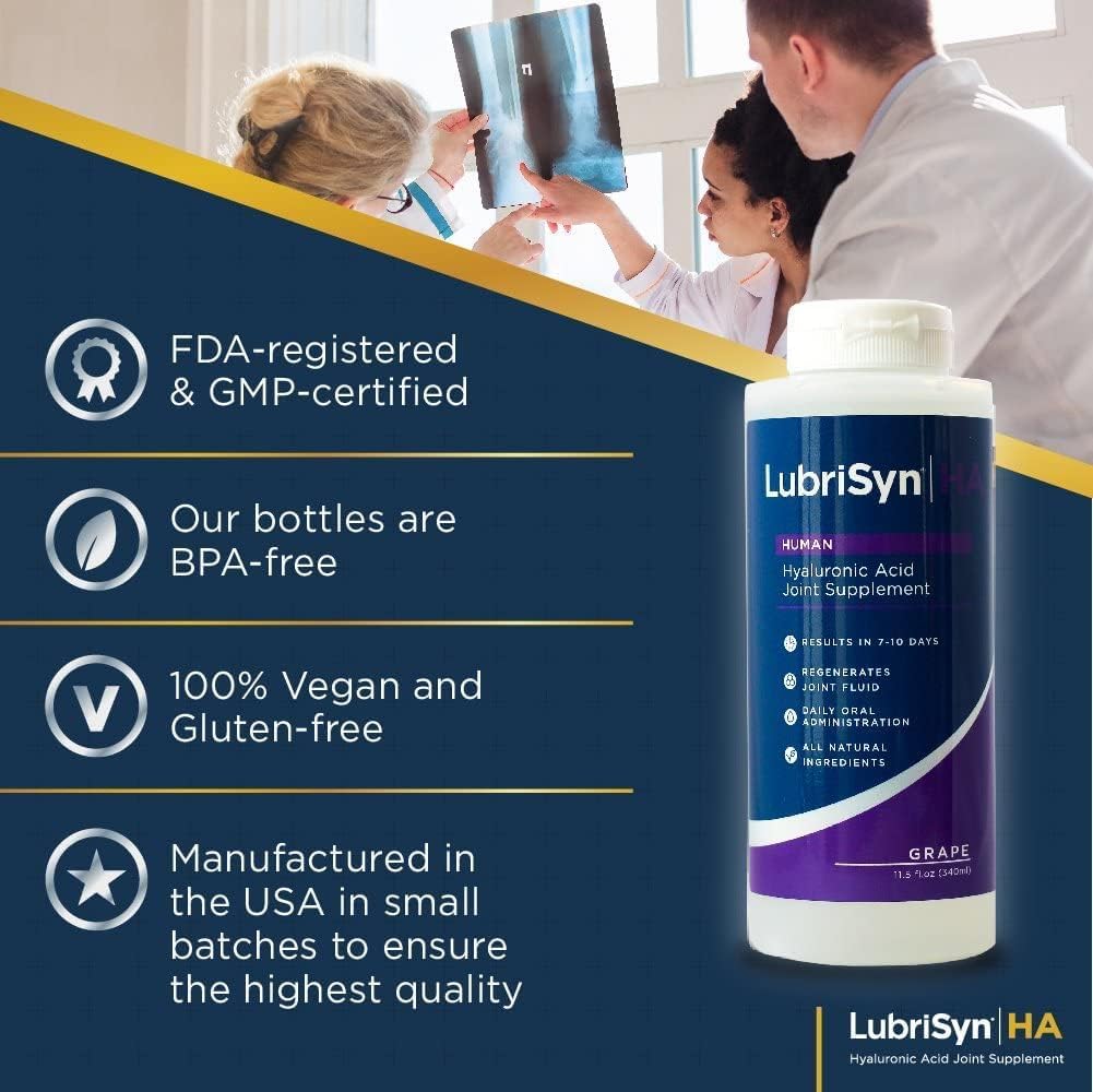 Lubrisyn Hyaluronic Acid Oral Joint Supplement – Liquid HA Formula for Humans – Promotes Joint Support, Mobility, Flexibility, Hydration & Healthy Function for Men & Women – Grape Flavor 11.5oz