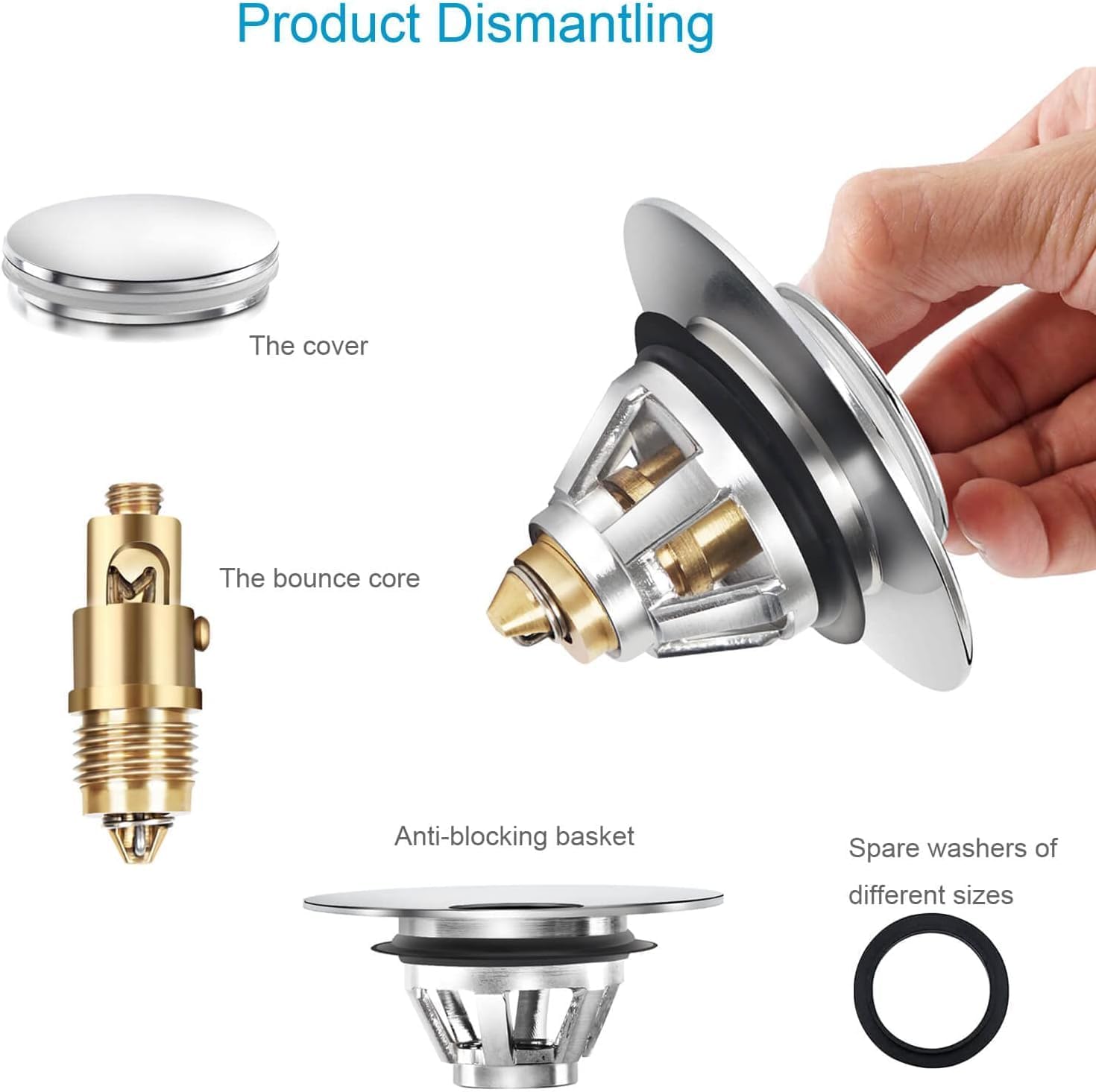 Hsthe Sea Raccordo di scarico per lavabo, tappo con valvola a scomparsa universale, lavello, filtro in ottone anti-intasamento,Tappo per lavabo, Adatto per fori di drenaggio da 32-41 mm