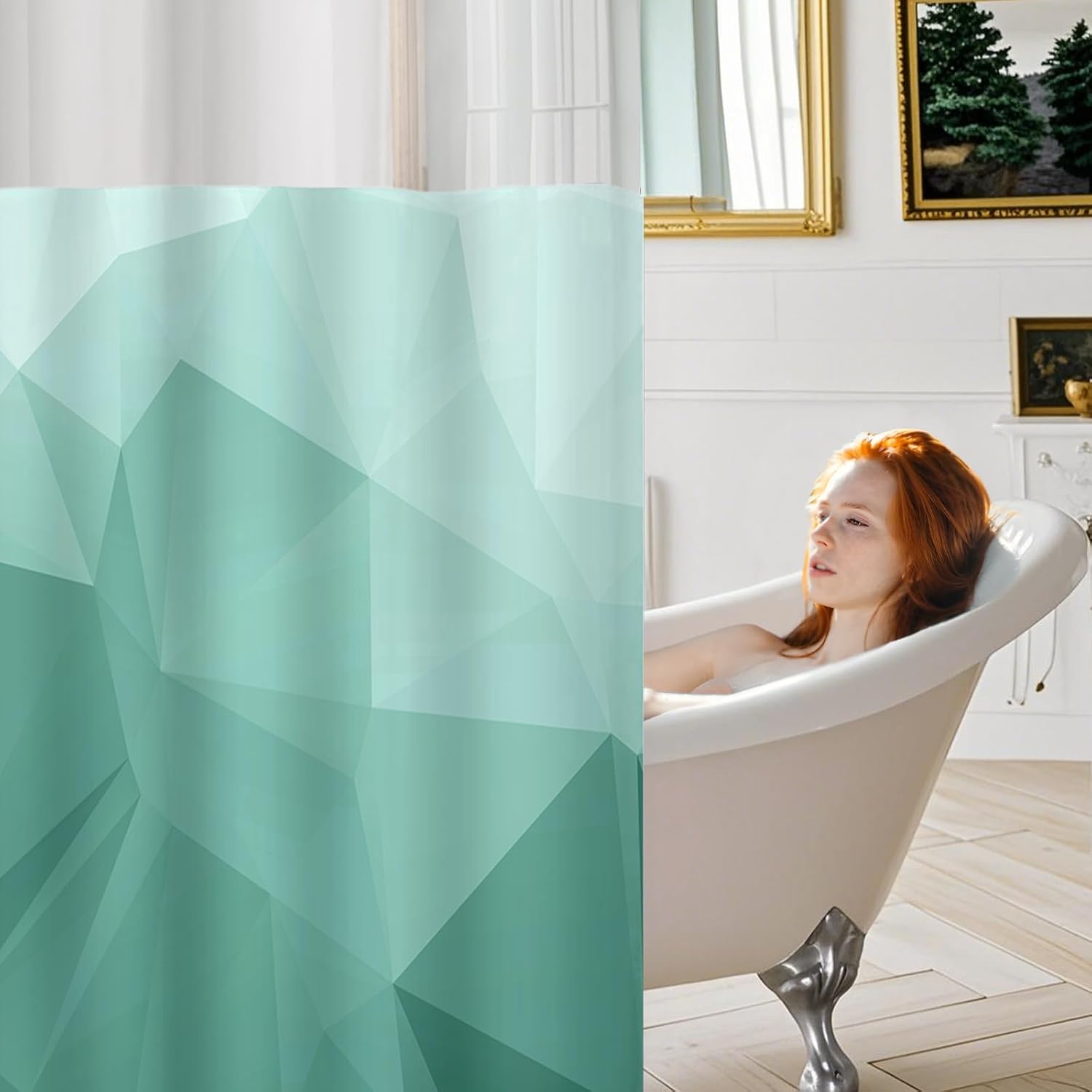 No Hook Shower Curtain with Snap in Liner and Sheer Window, Teal Modern Geometric Fabric Shower Curtain Set for Bathroom Decor, 15-Second Quick Install, Abstract Irregular Ombre, 71"X74"