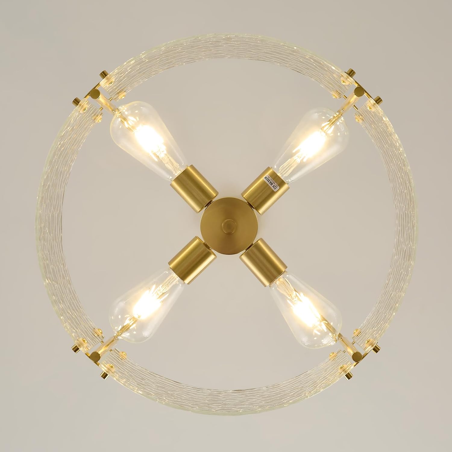 Modern Brushed Gold Chandeliers for Dining Room: 17.7'' Drum Textured Glass Entryway Lights Fixture Hanging - 4 Light Kitchen Chandelier Over Table - Crystal Round Chandelier for Bedroom Fallway Foyer