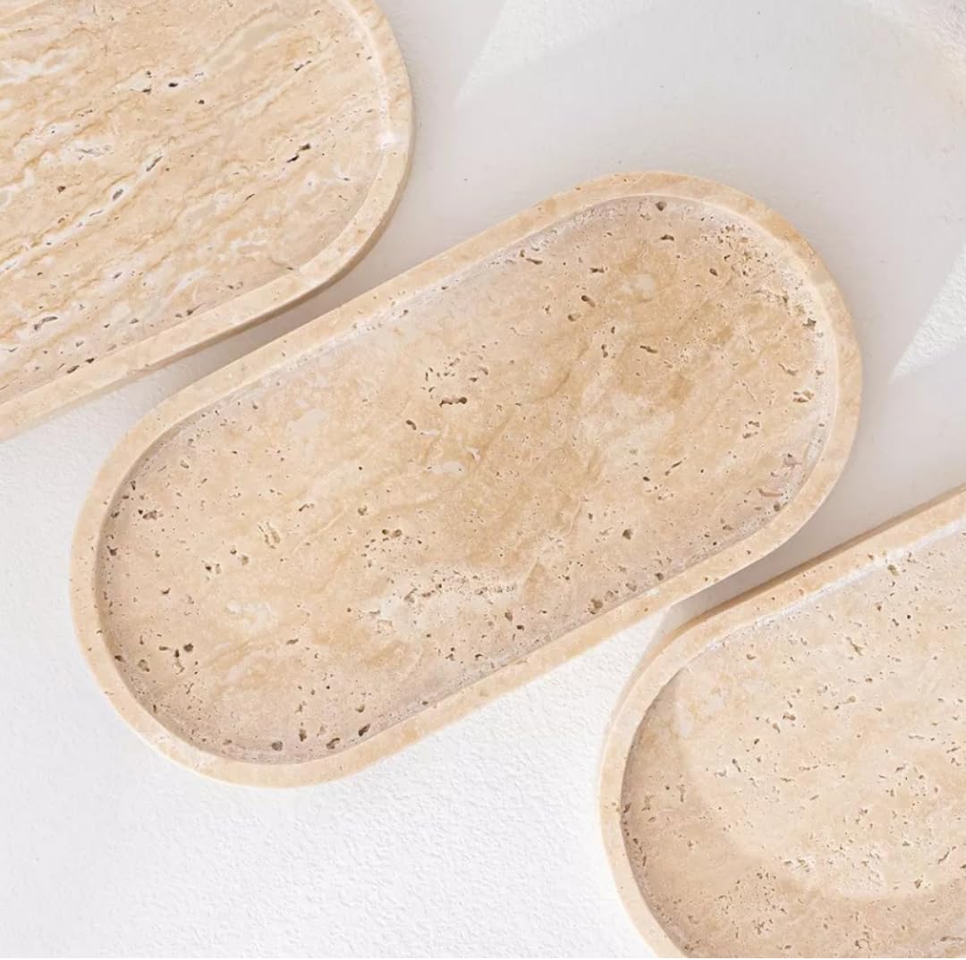Decorative Travertine Marble Vanity Tray Countertop Organizer for Perfume & Candles, Jewelry Dish Ring Holder for Bathroom Counter, Vanity, Dresser