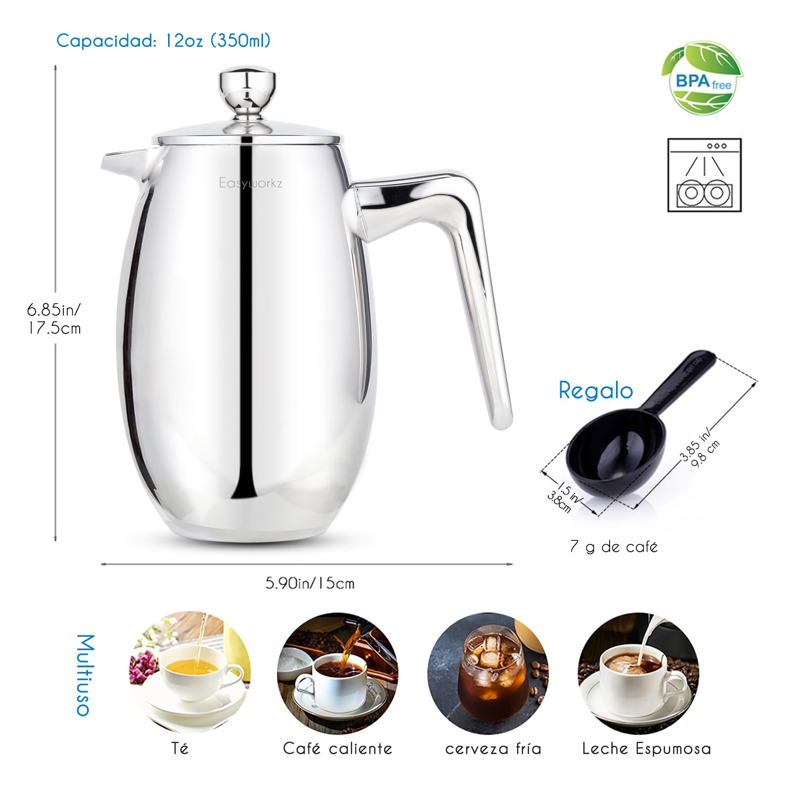 Easyworkz Nando French Press Cafetera de acero inoxidable con doble pared aislada, 350 ml