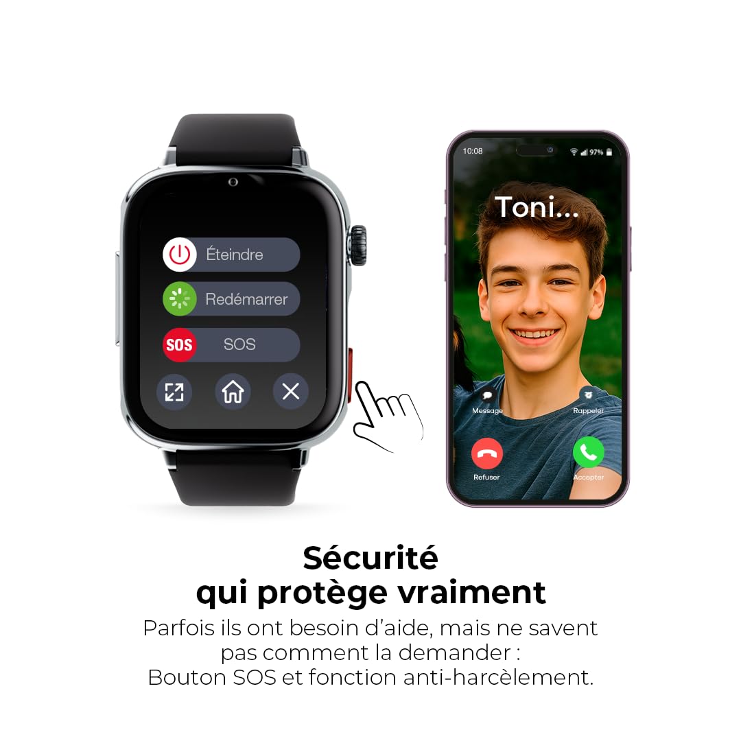 SaveFamily SaveWatch Plus 2 | Montre Connectée pour Enfant avec GPS | Localisateur GPS, Appels, Vidéo, WhatsApp, Spotify, App Store, Cadran Blanc et Bracelet en Tissu Framboise