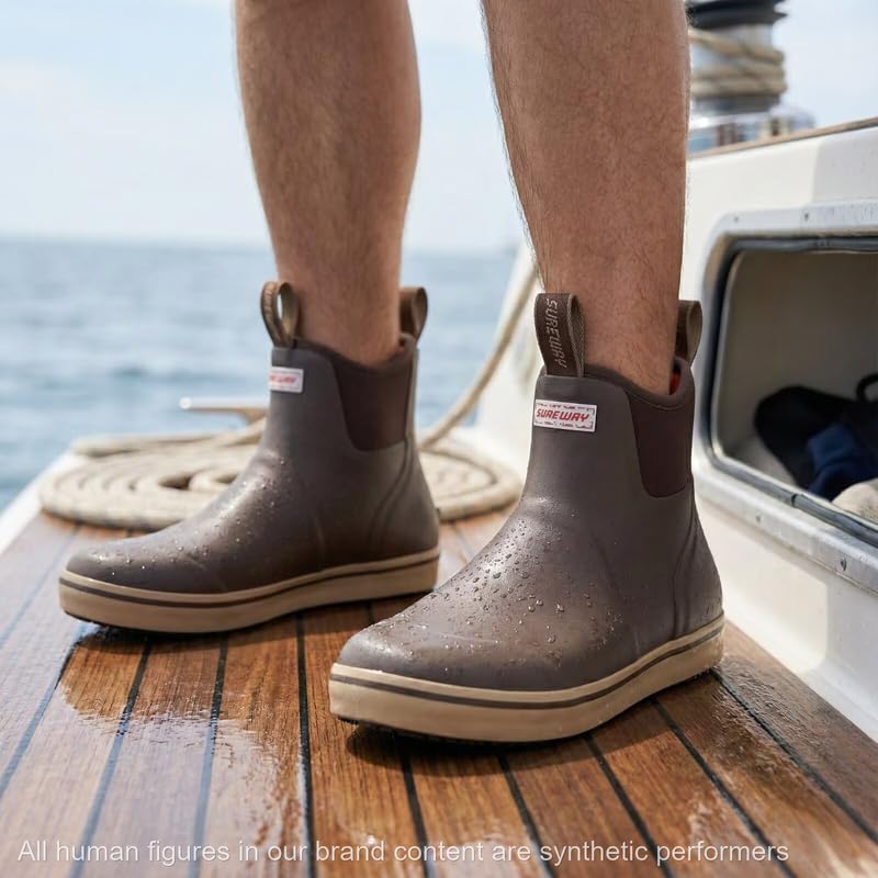 Image of SUREWAY Men's Ankle Fishing Deck Boots for Men-Waterproof,Professional Non-Slip Soles for Wet Slippery Surface,Neoprene Rubber Rain Boot /Shoes for Hunting Boating Gardening
