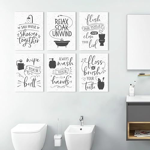 Miniatura 8 de IARTTOP 6 letreros divertidos para baño, decoración de pared, arte en lienzo para relajarse, remojar y relajarse, impresiones en blanco y negro,