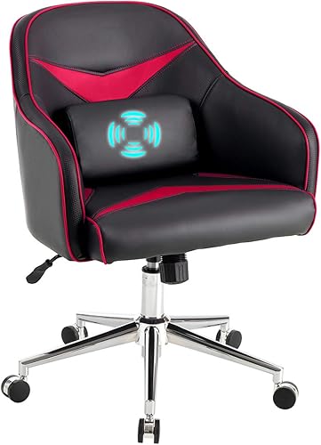 Giantex Silla de juegos de piel sintética, sillón de altura ajustable con respaldo medio con almohada lumbar de masaje, sillas de escritorio