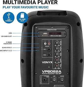 Vonyx VPS082A 8-Inch Active Bluetooth PA Speakers Set, 400W, Mic Included