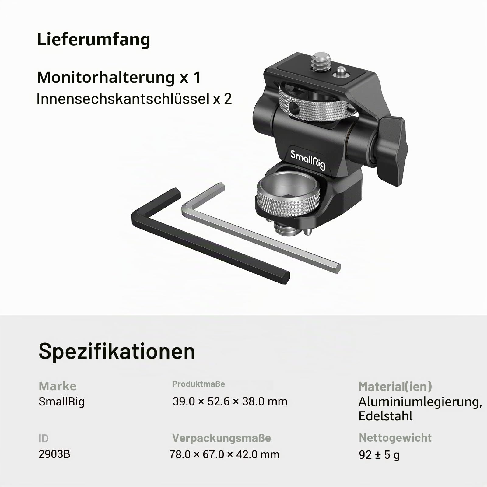 SMALLRIG Kamera Monitor Mount 3/8'' Schraube ARRI-Style 360° schwenkbar 180° neigbar Monitorhalter Rändelschraube Spannung Anti-Twist-Design 2903B