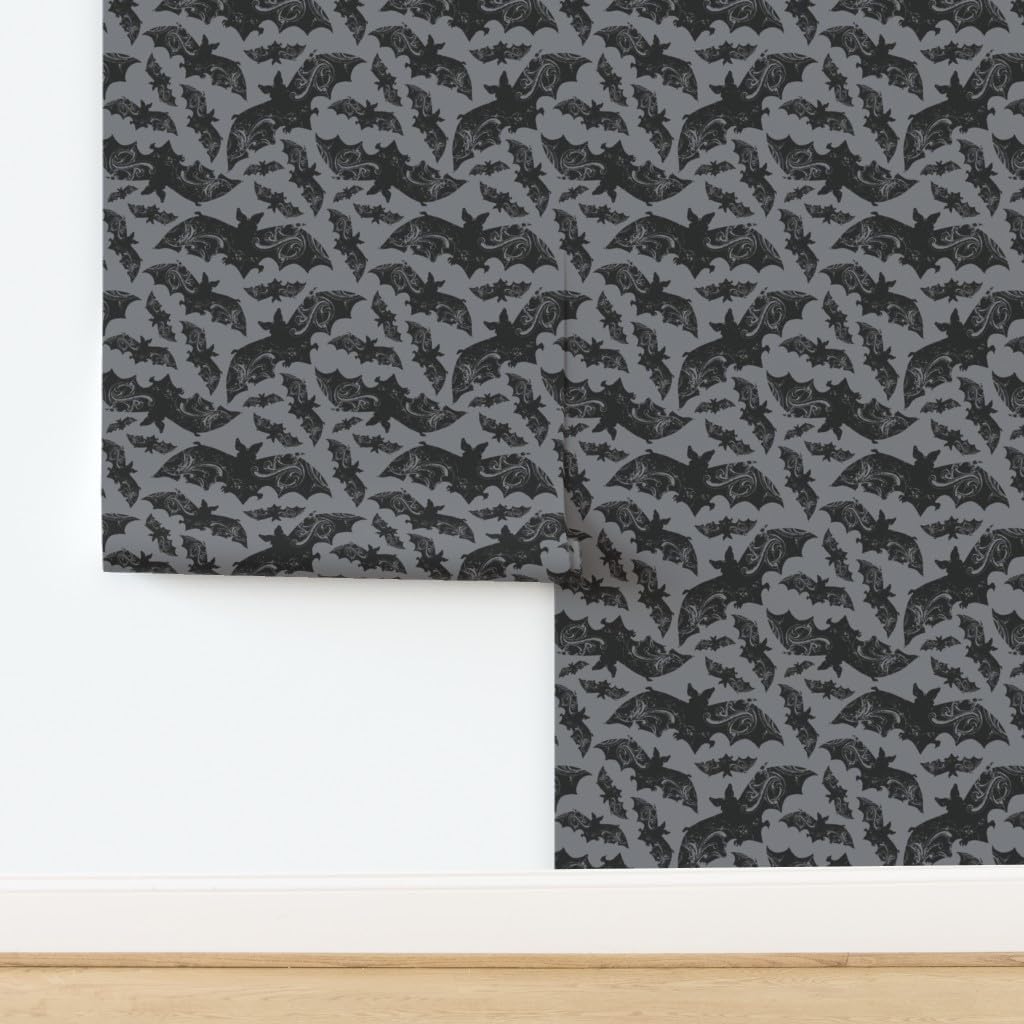 Spoonflower Peel & Stick Wallpaper Swatch - Night Flight Gothic Halloween Bats Grey Bat Animal Spooky Dark Cave Emo Creatures Wildlife Custom Removable Wallpaper