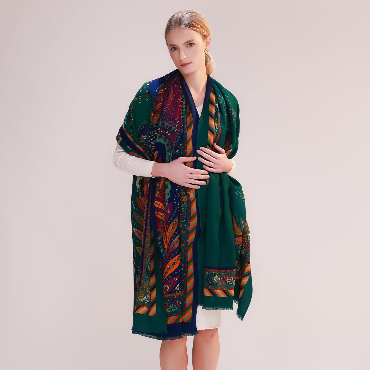 DANA XU Double-Sided Reversible 100% Merino Wool Pashmina Shawl and Wraps for Women Extra Large Soft for Dresses and Travel - Image 5